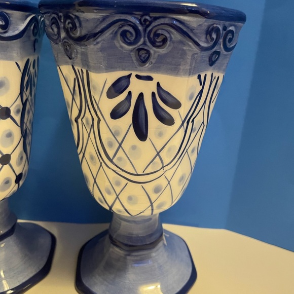 Tabletops Unlimited Hand-Painted Lisbon Blue White Ceramic Footed Goblets - Picture 5 of 10